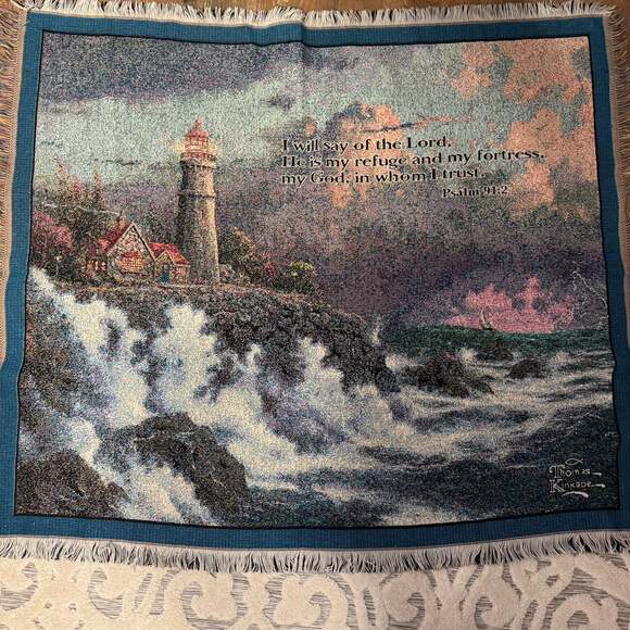 Thomas Kincaid Fringed Cotton Throw Afghan Tapestry Blanket 48”x58” - Picture 2 of 5